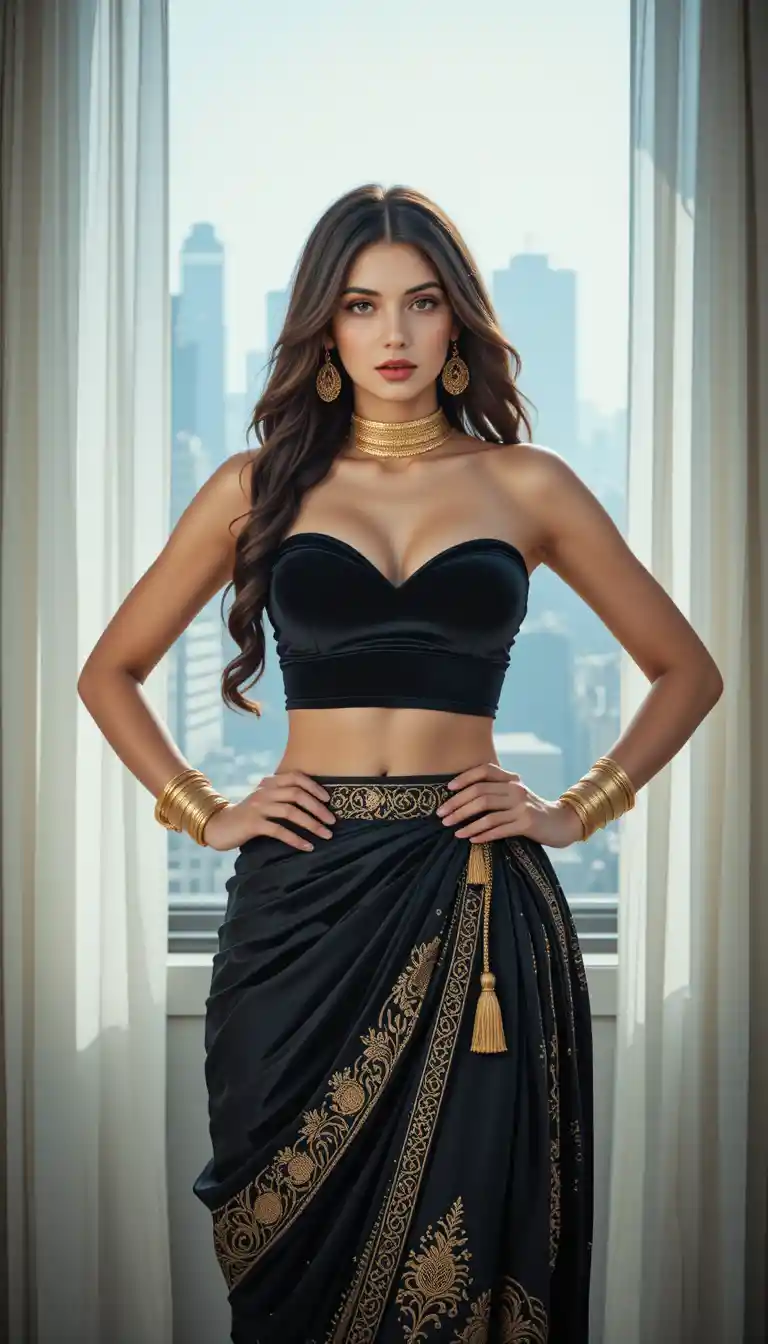 Confident South Asian woman in black dhoti skirt portrait