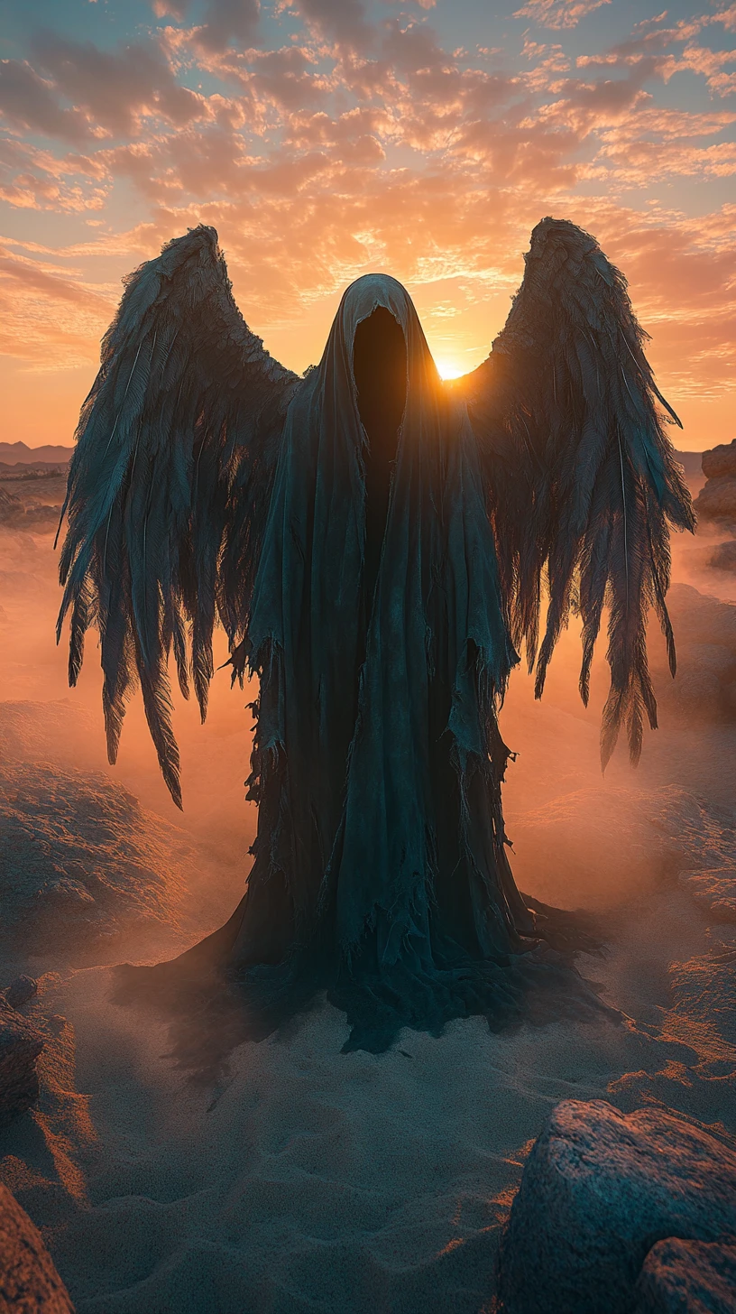 Monumental hooded angel on rocky dune at sunset