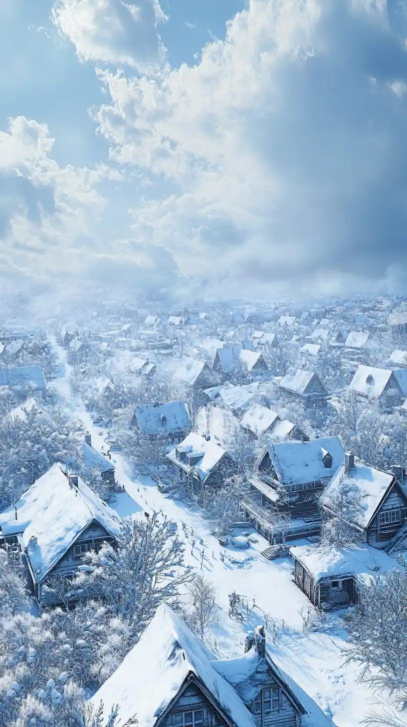 Fantasy suburban ice town under blue cloudy sky