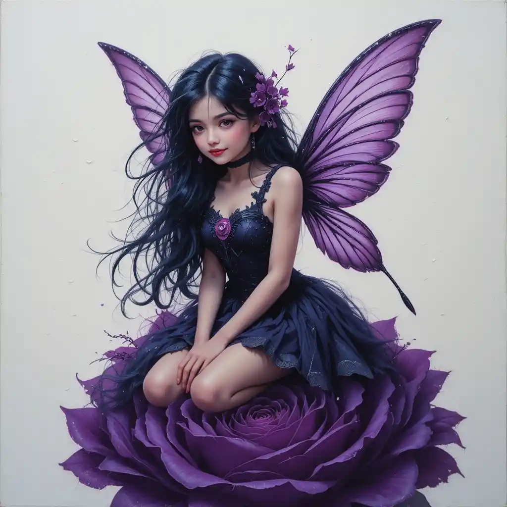 Smiling dark haired fairy sitting on a purple rose