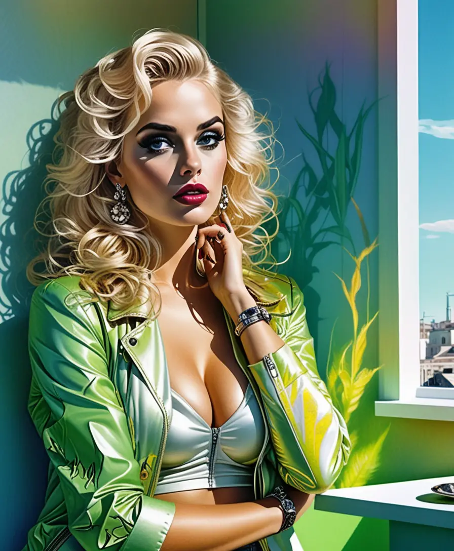 Glamorous blonde woman in a dreamy upscale tattoo studio