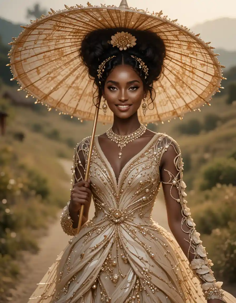 Elegant African woman walking with parasol in village