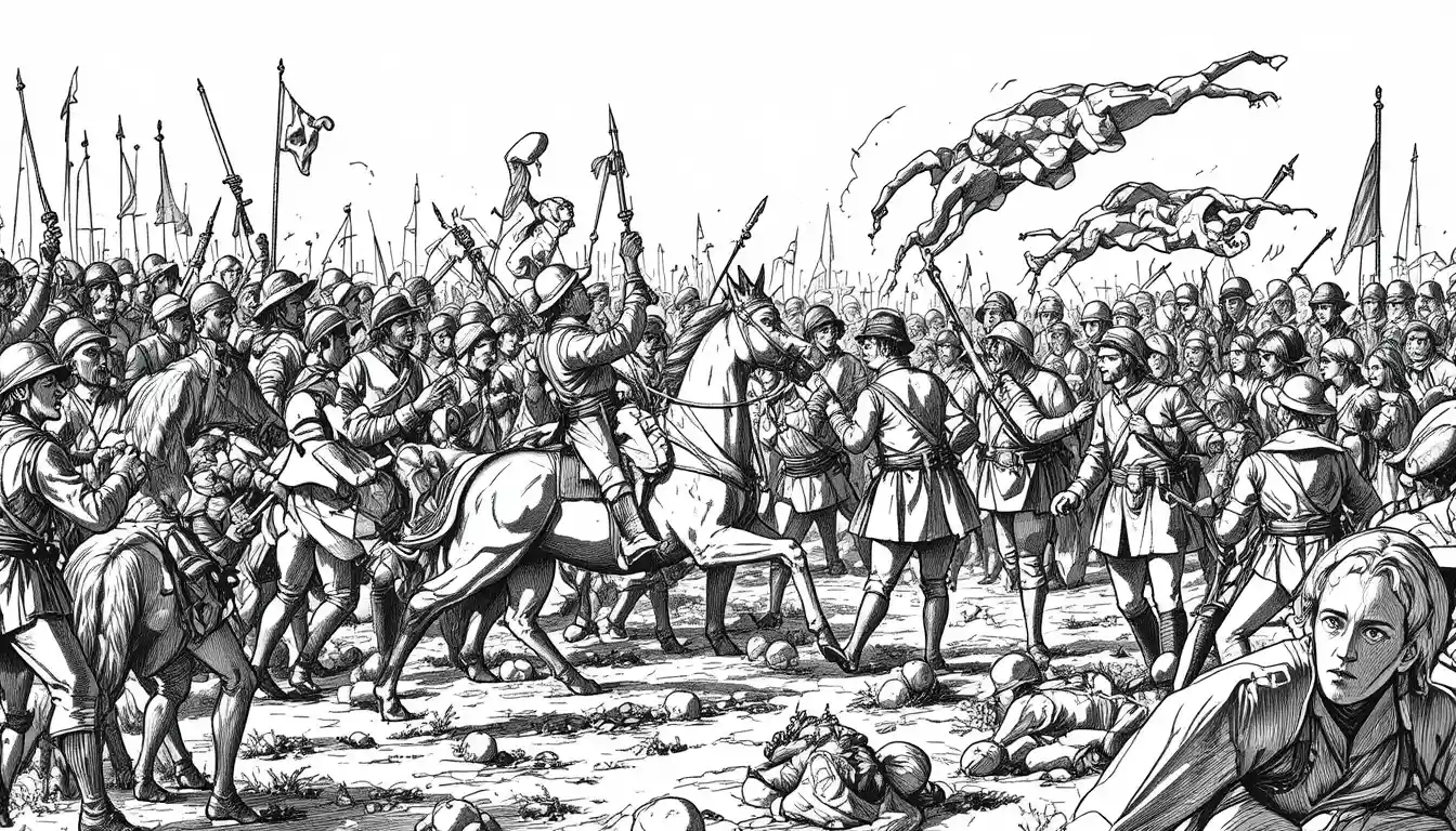 Chaotic historic battle scene with soldiers and rearing horses