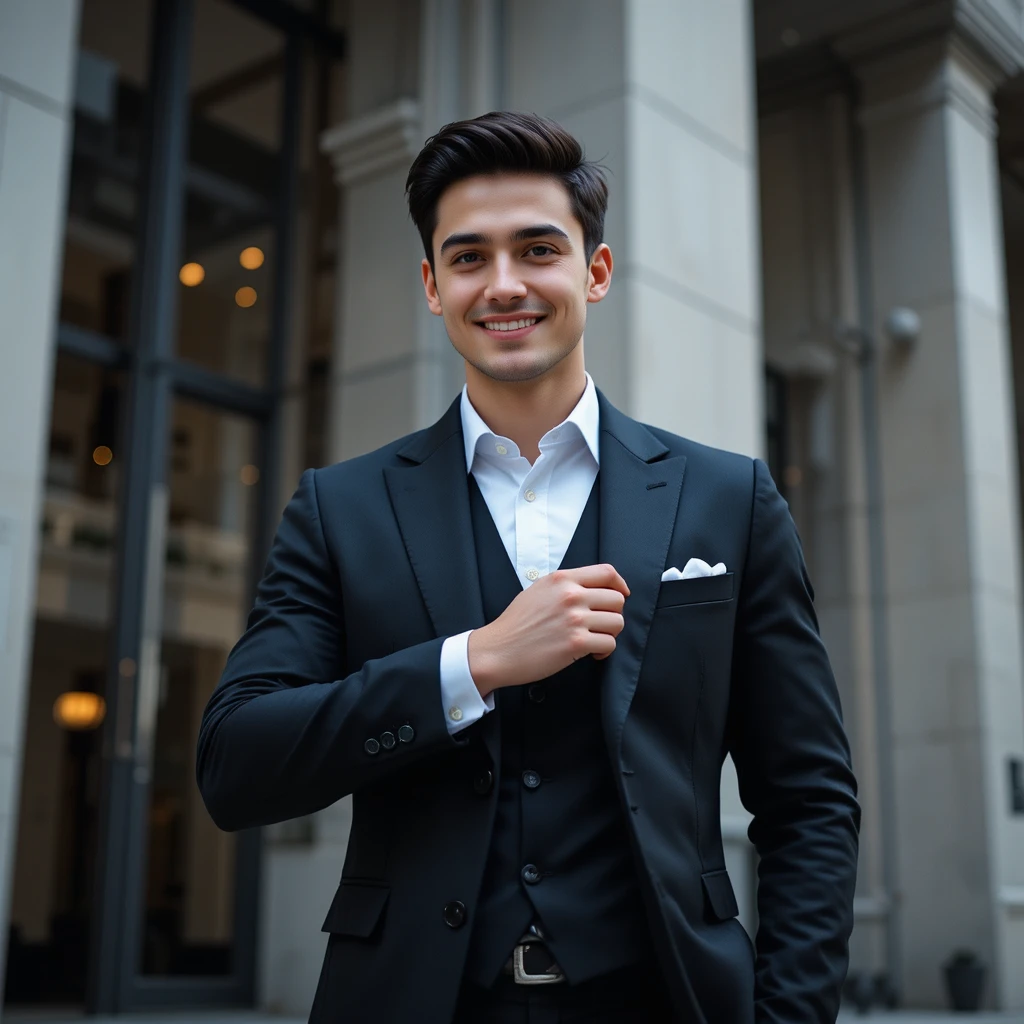 Joven empresario con traje negro frente a un moderno edificio de cristal