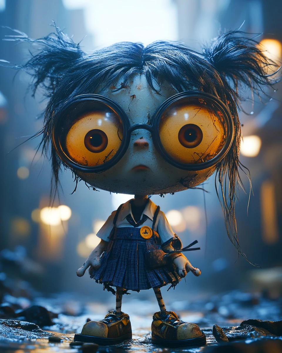 Creepy cgi schoolgirl with glasses and big brown eyes