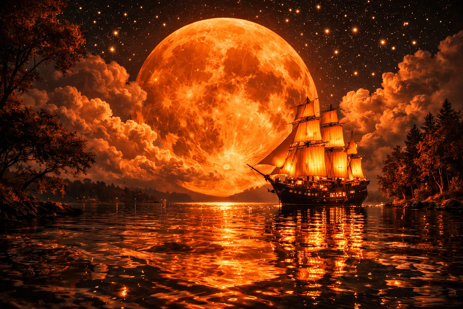 Lago notturno surreale con nave luminosa e gigantesca luna arancione