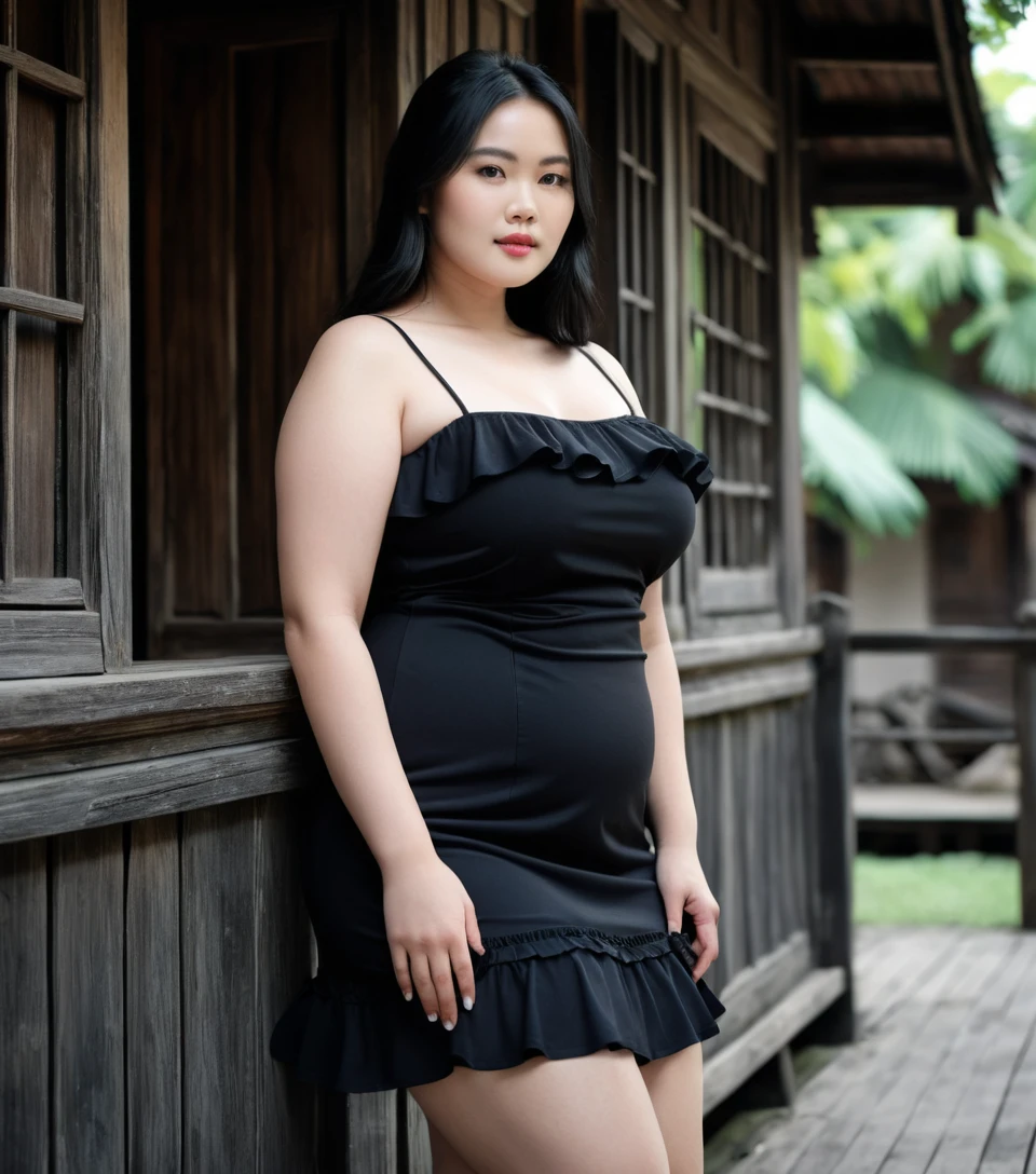 Vietnamese woman in short swim dress by wooden house