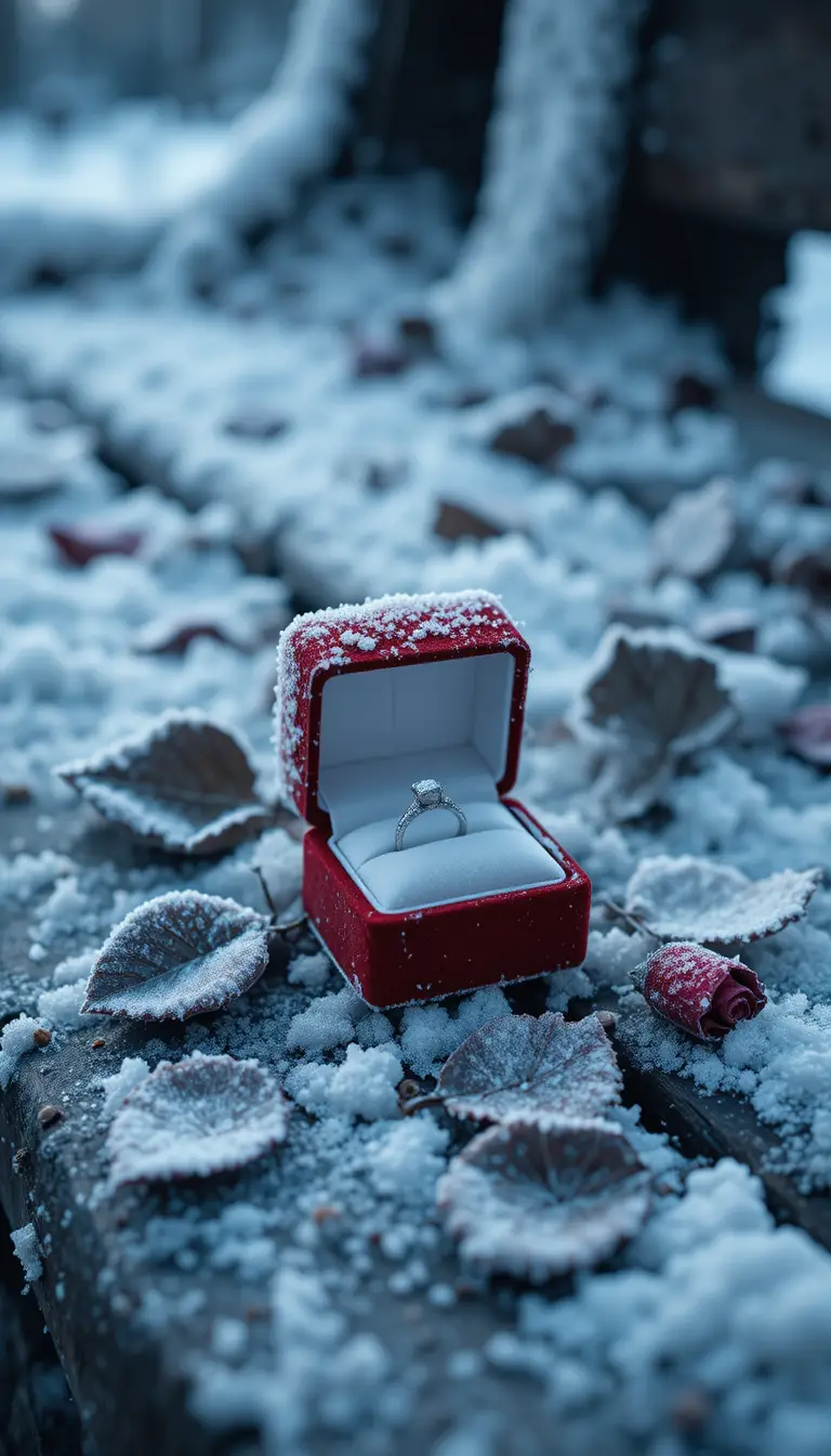 Frozen rose and engagement ring on frosted wooden bench