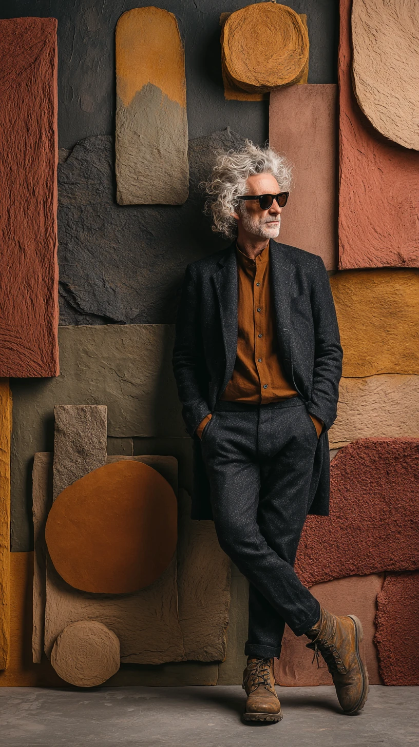 Stylish man in blazer against abstract textured art wall