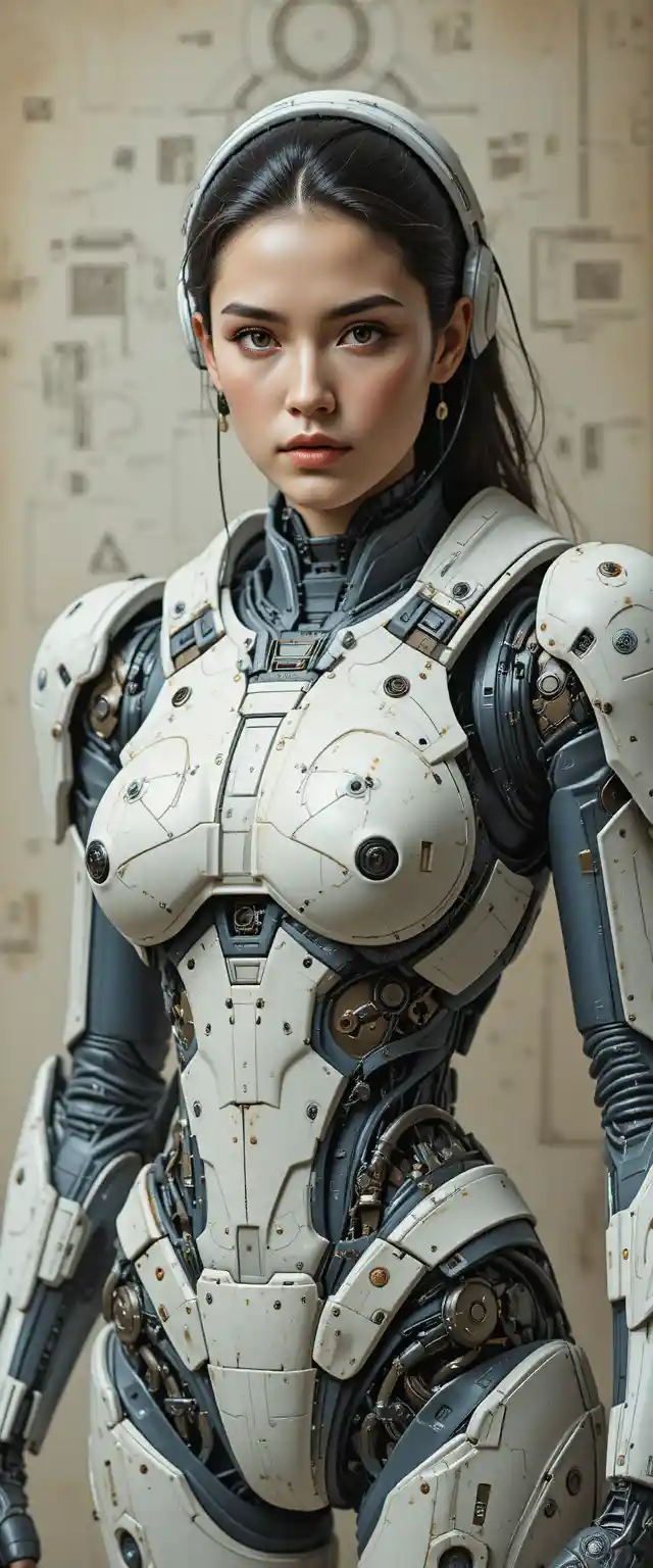 Female mech pilot in biomechanical exosuit front facing portrait