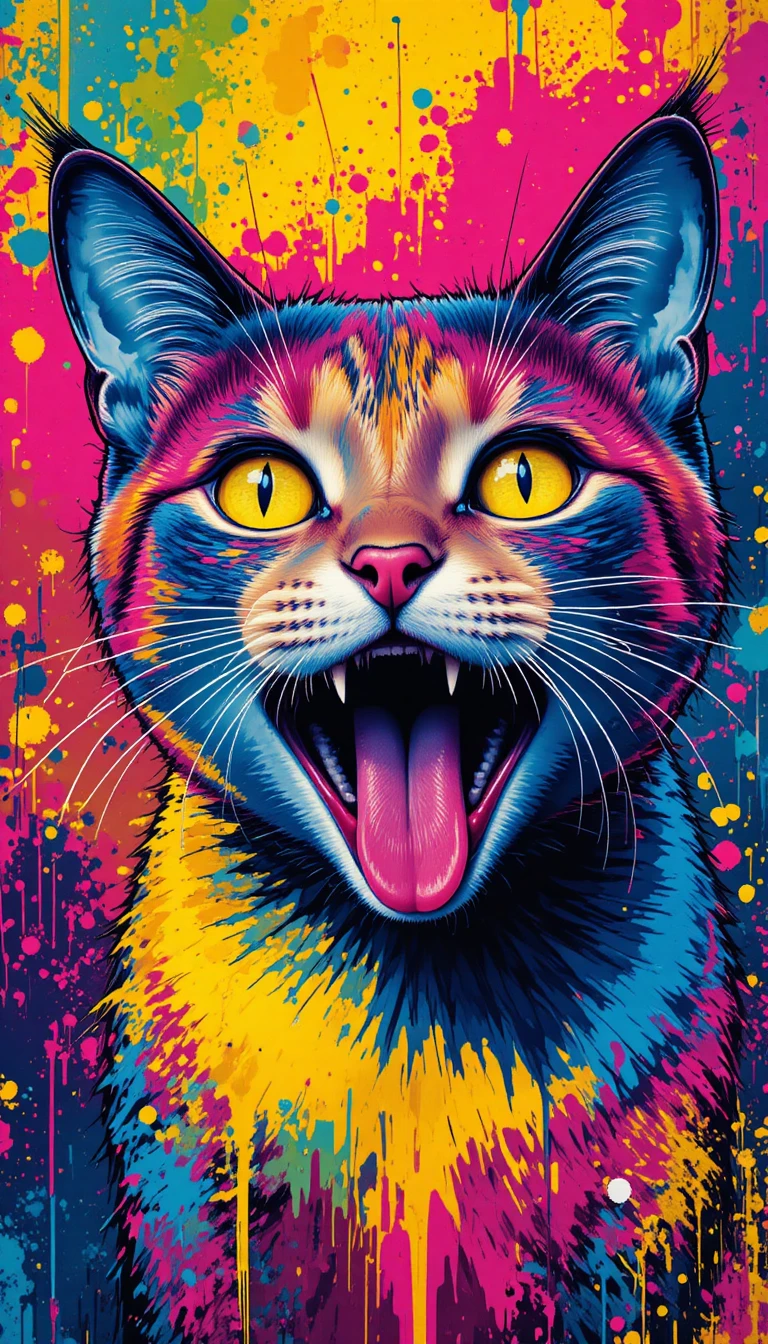 叫んでいる猫のカラフルなポップアートのクローズアップ