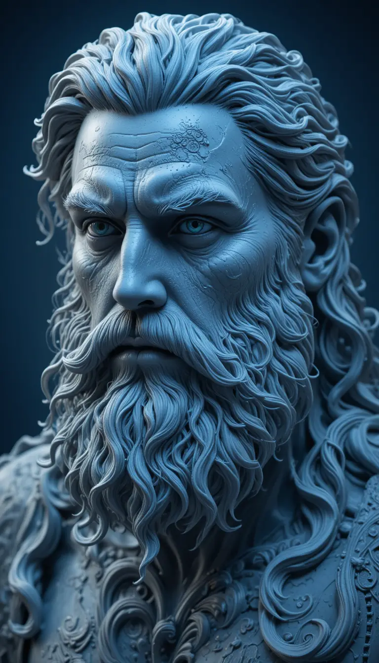 Mystical Blue Haired Bearded Sculpture With Swirling Patterns