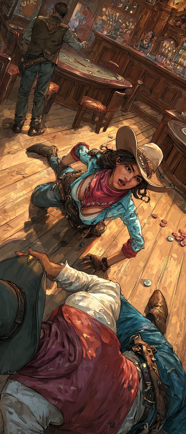 Cowgirl Riding Cowboy In Lively Old Saloon Interior