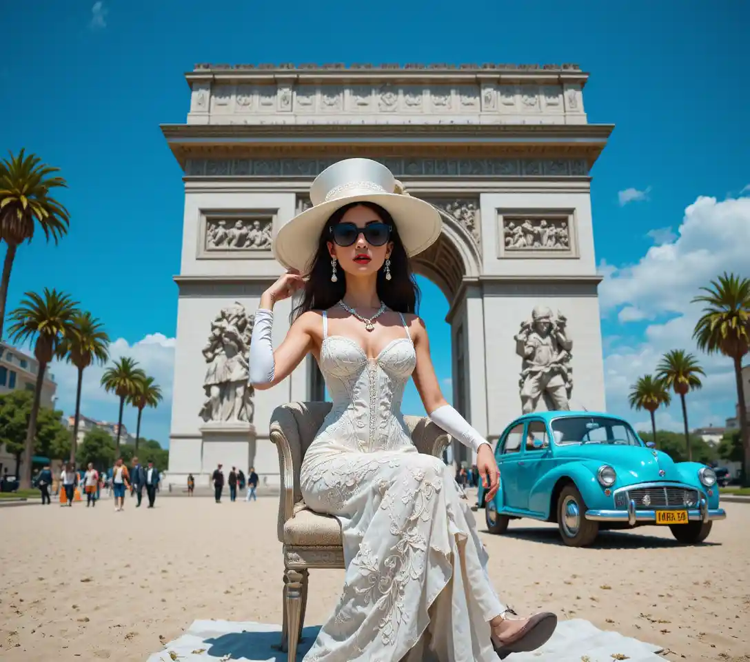 Elegant woman posing by the Arc de Triomphe in daylight