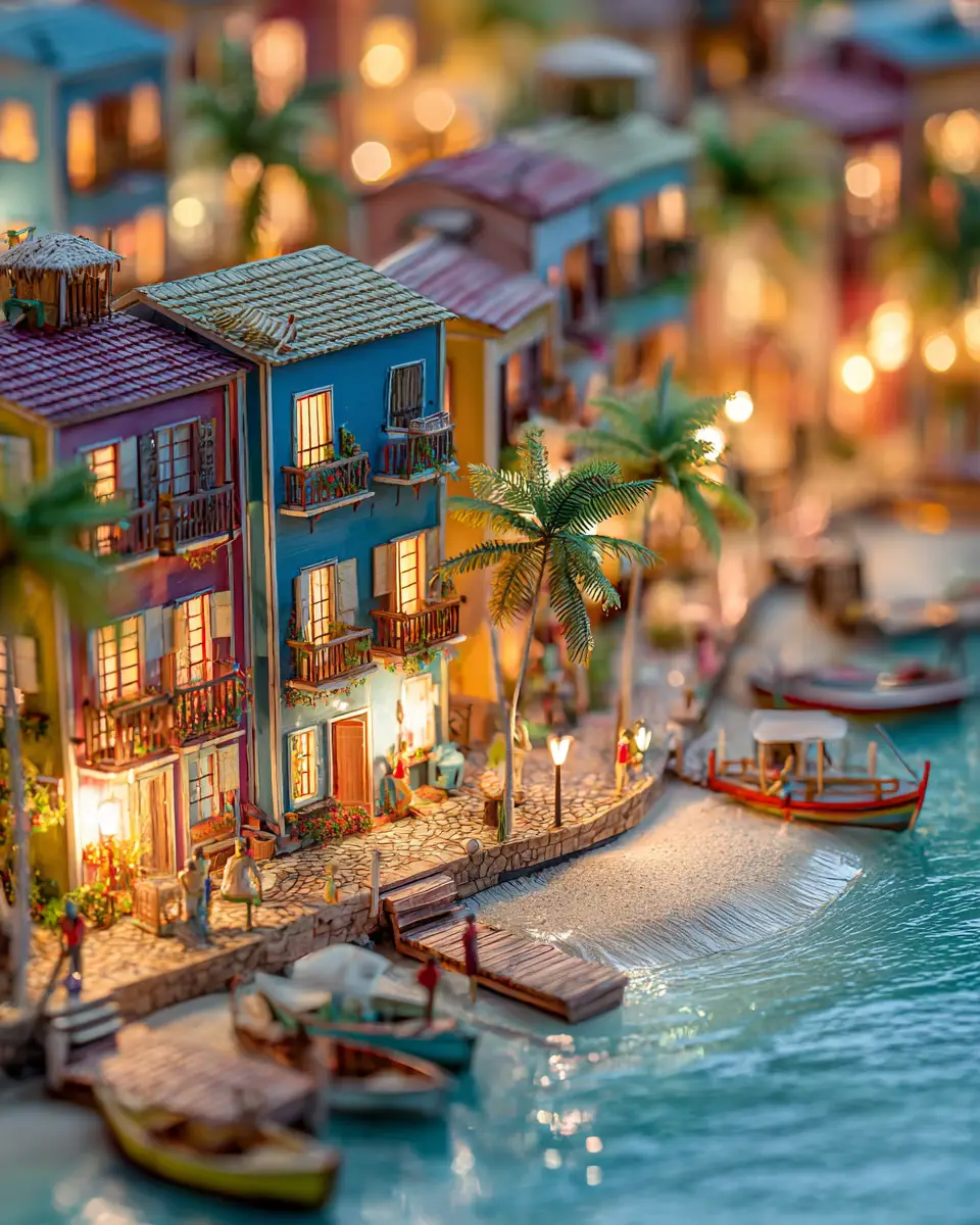 Tropical beach resort city at sunset with tilt shift view