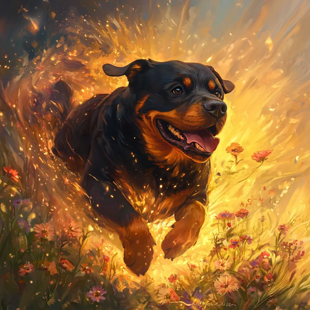 Powerful rottweiler running through a meadow at sunset