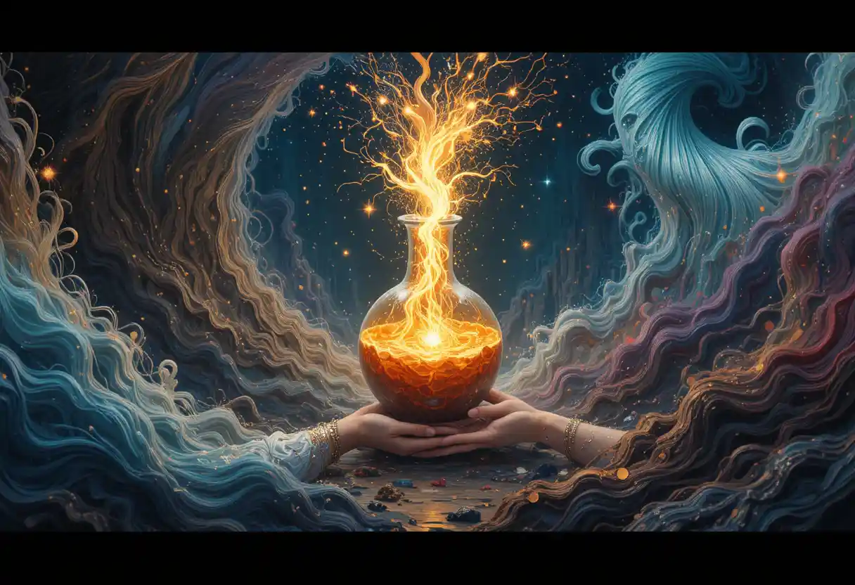 Alchemy glassware glowing with swirling light and fire