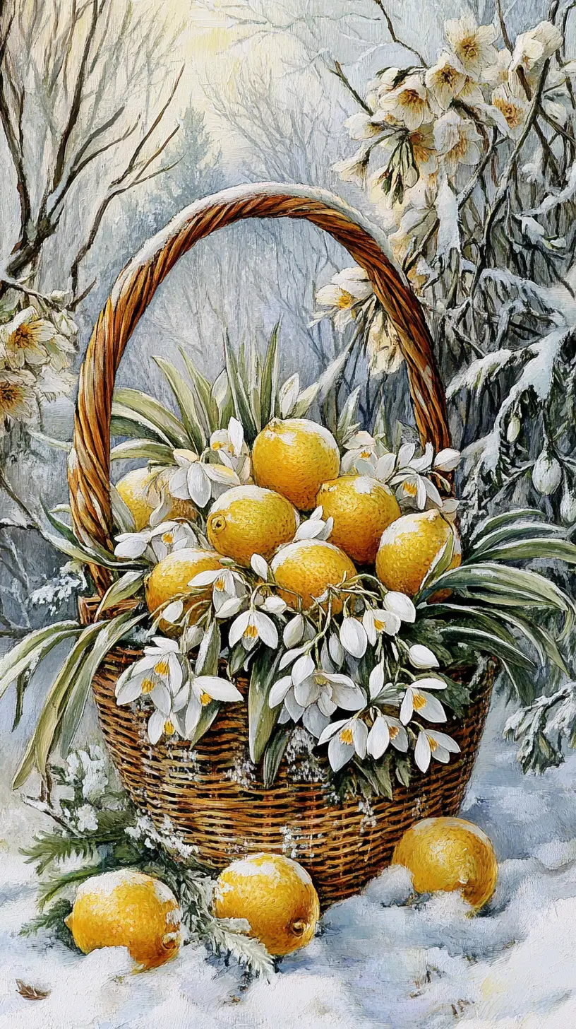 Basket Of Spring Flowers And Lemons Resting In Snow