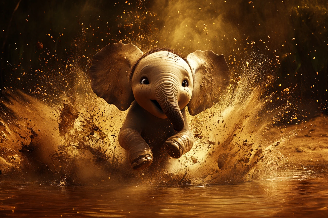 Cucciolo di elefante gioioso che barrisce in una polverosa pozza d’acqua africana
