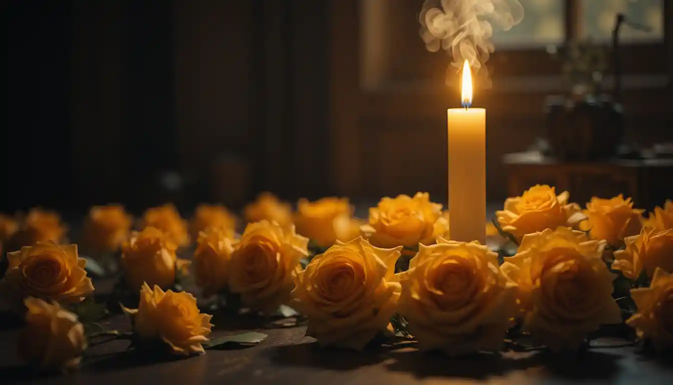 Candela solitaria con rose gialle che brillano nel buio