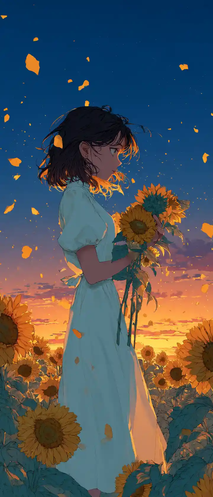 Anime girl in white dress among wilting sunflowers at dusk