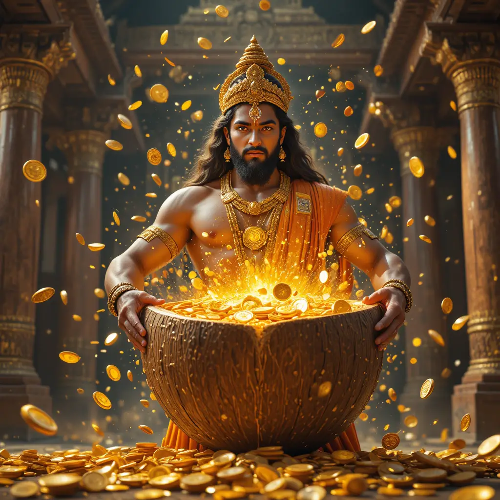 Hanuman breaking a giant coconut showering golden coins