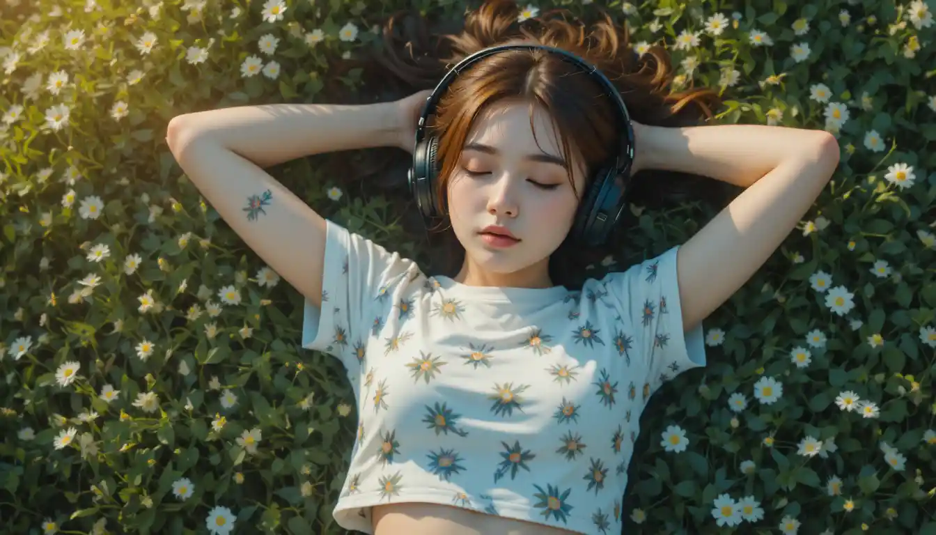 Girl With Headphones Resting In Sunlit Wildflower Grass