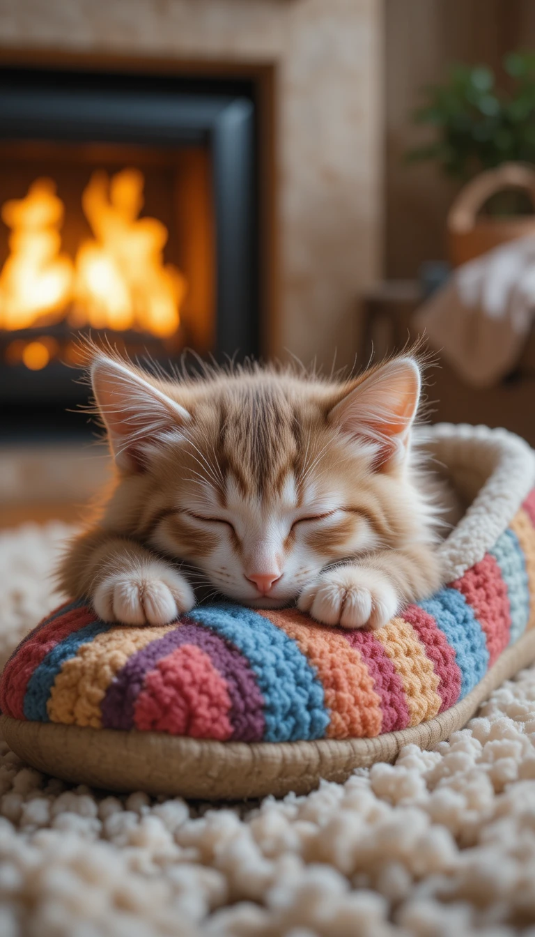 Gatito durmiendo sobre una colorida pantufla a rayas