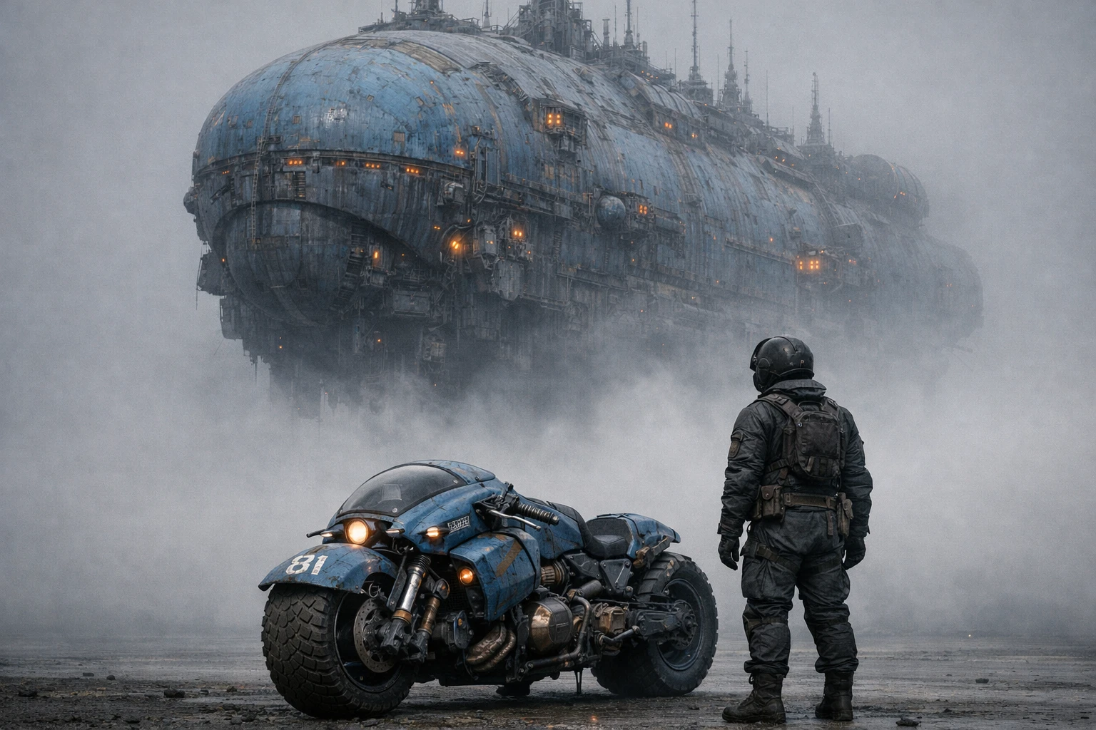 Massive blue spaceship looming over motorcycle in dense fog