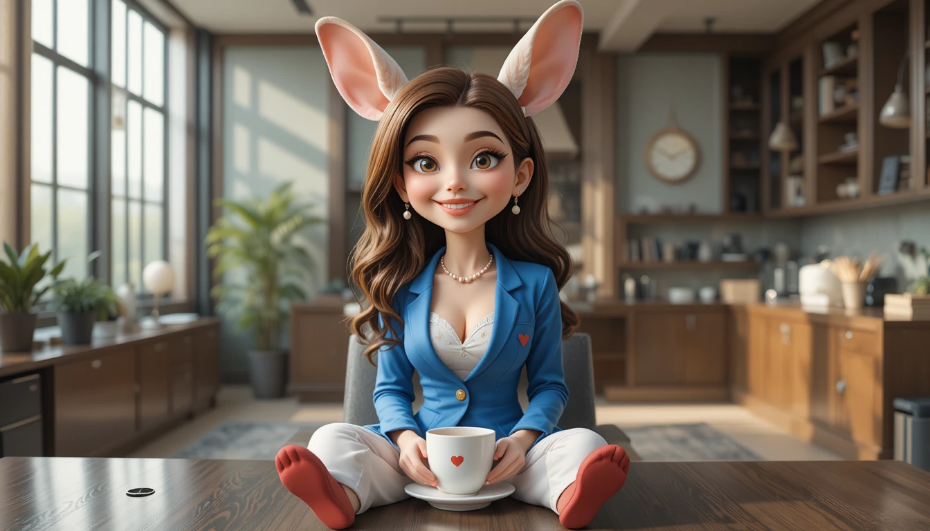 Cute rabbit in heart pajamas sipping a warm drink
