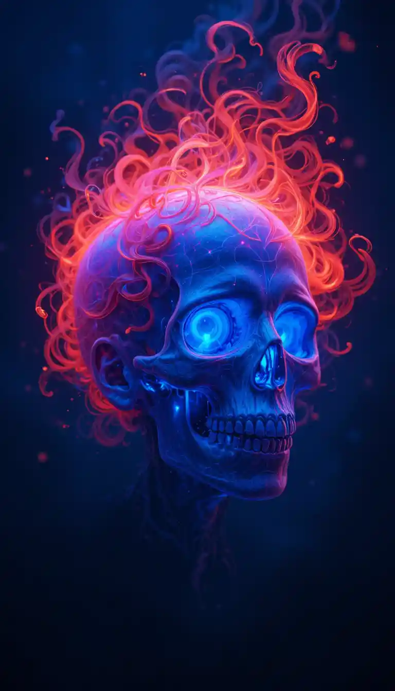 Teschio Luminoso con Capelli Rossi Fiammeggianti su Sfondo Blu Scuro