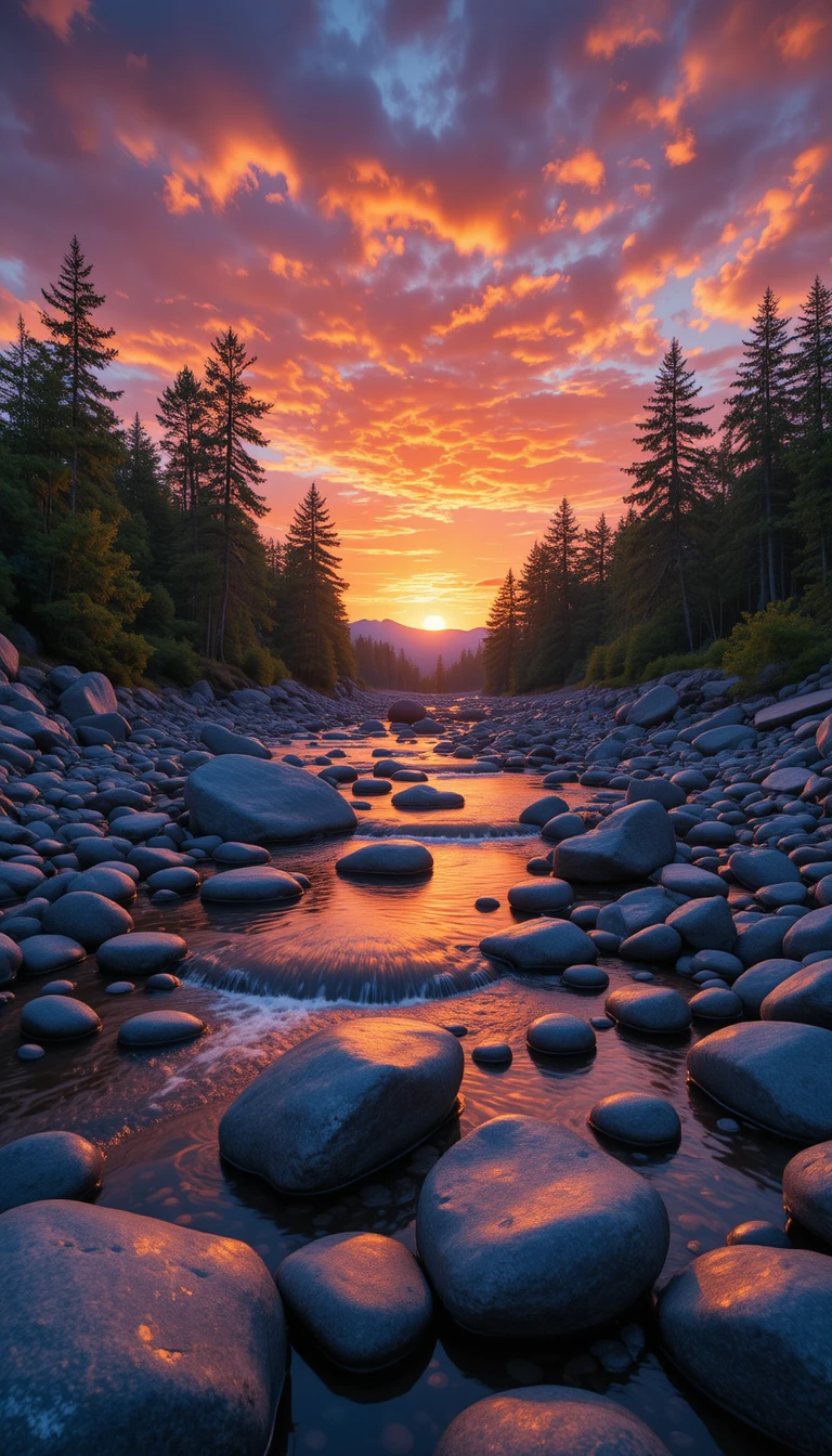 Sunset over rocky riverbed with glowing forest reflections