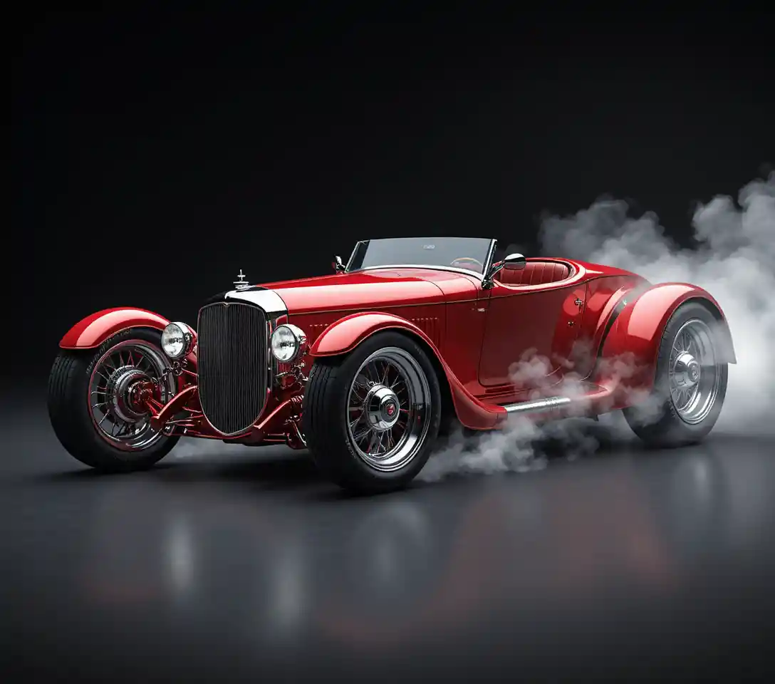 Coche conceptual futurista rojo candy con llantas cromadas