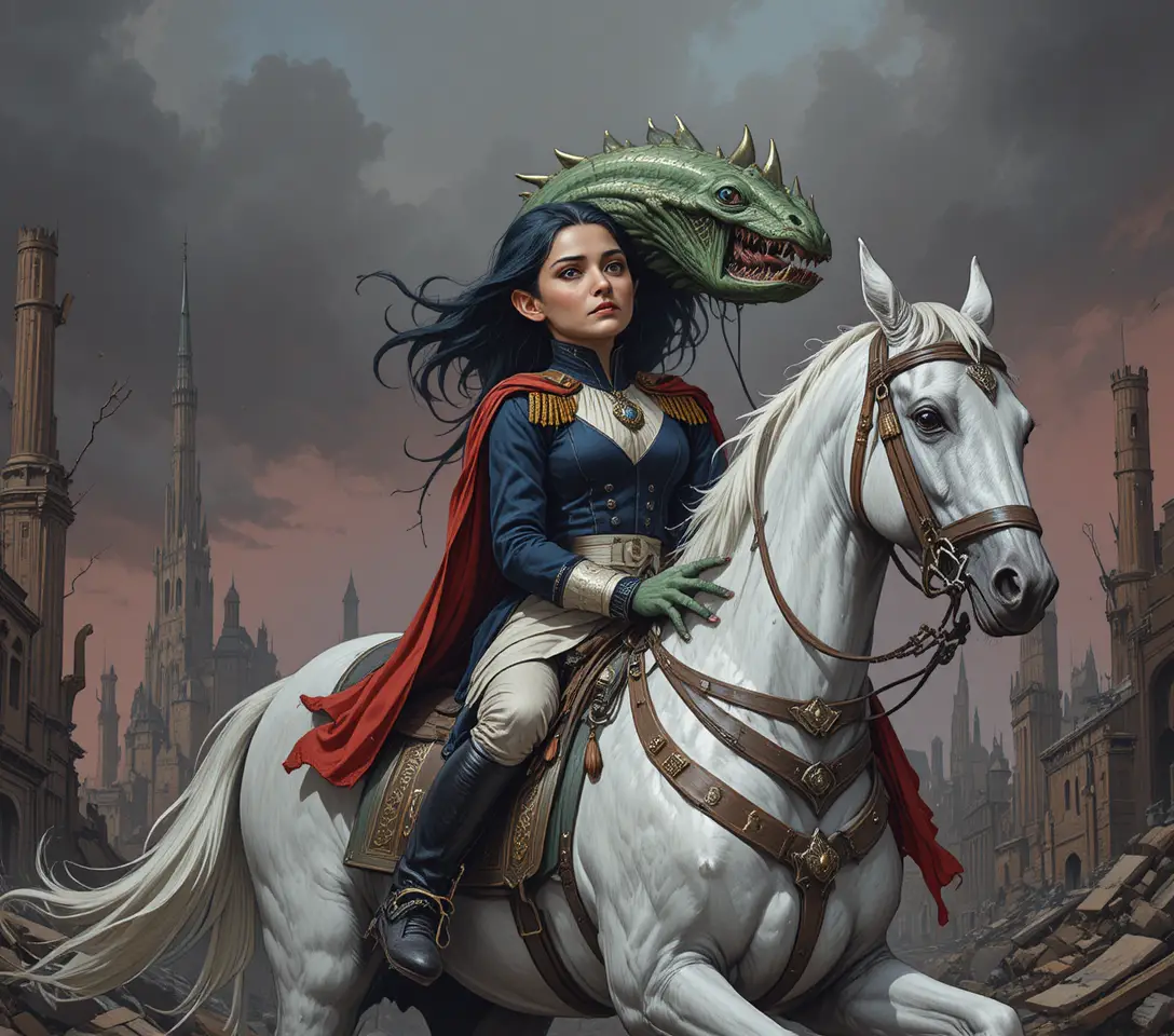 Napoleon on a white horse in a dramatic classical painting