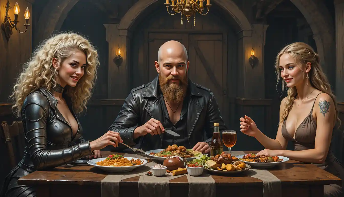 Tres amigos festejando juntos en una taberna medieval