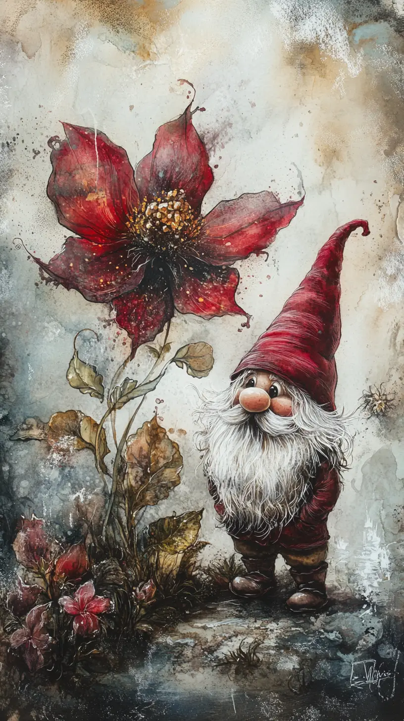 Whimsical gnome beside mystical ink flower in soft mist