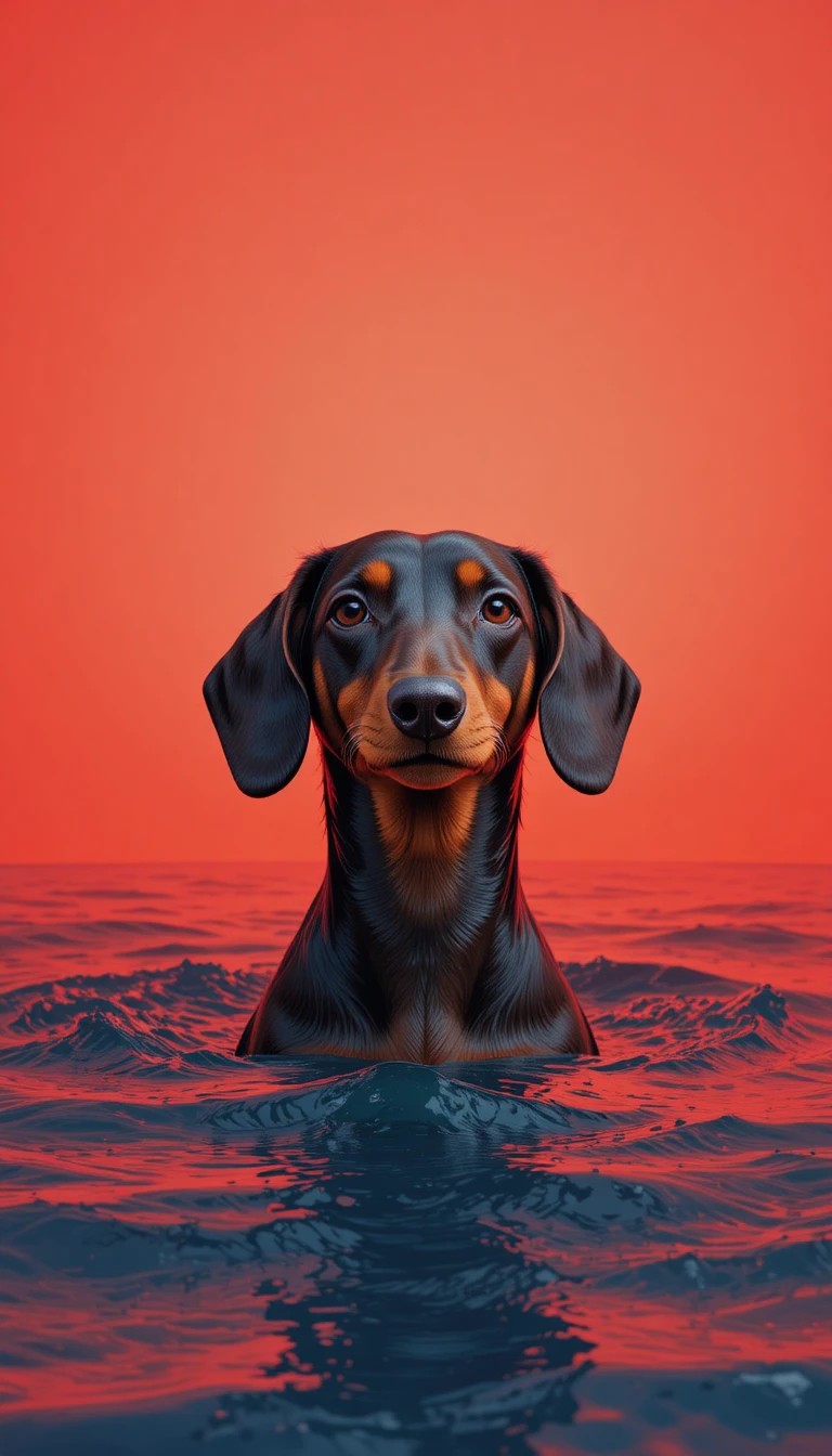 Dachshund Head Above Calm Water On Red Background