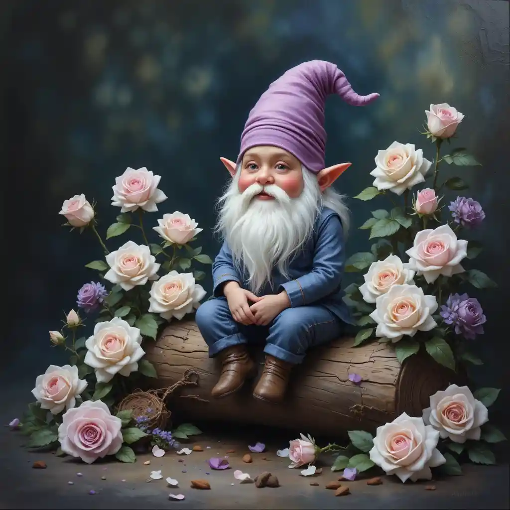 Gnome Resting On Forest Log Among White And Purple Roses