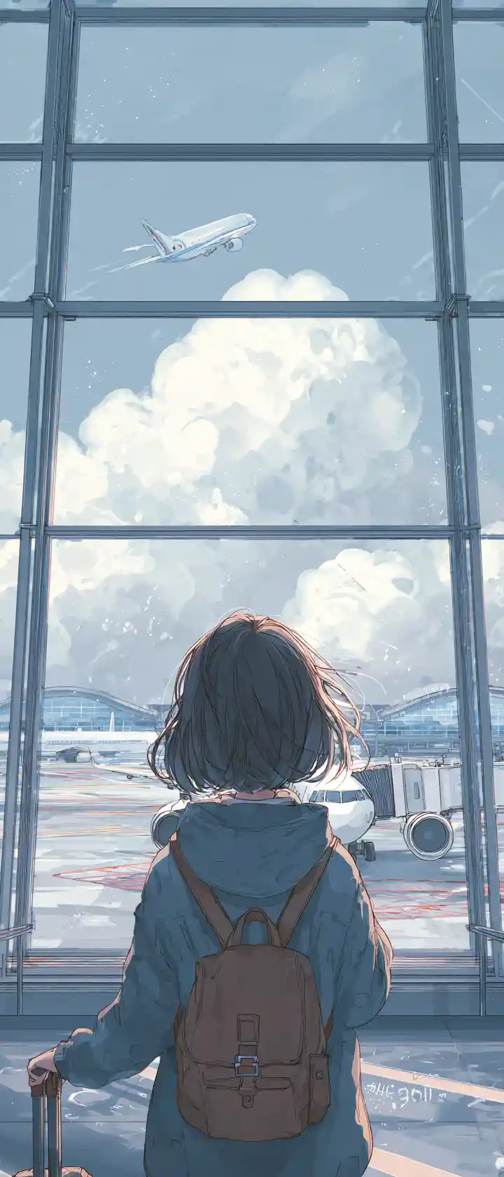Anime girl saying goodbye at quiet airport gate