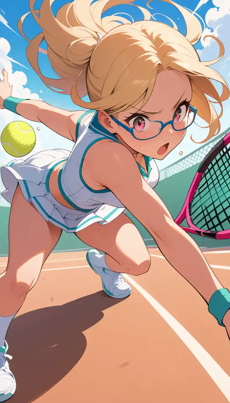 Anime girl smashing a tennis ball from a dynamic angle
