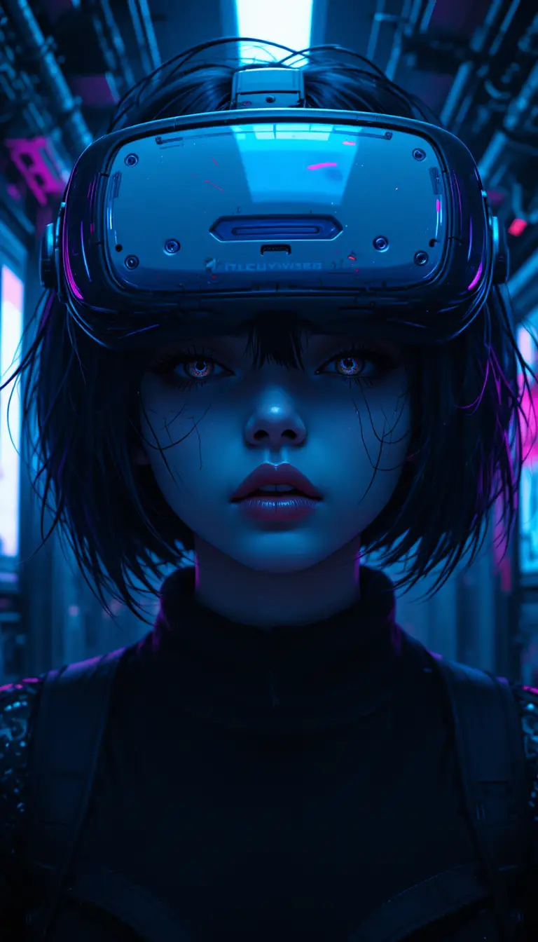 Cyberpunk anime girl with neon vr headset close up