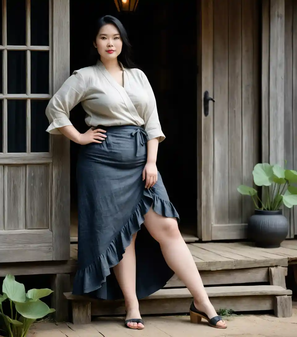 Full body Vietnamese woman in linen shirt and wrap skirt