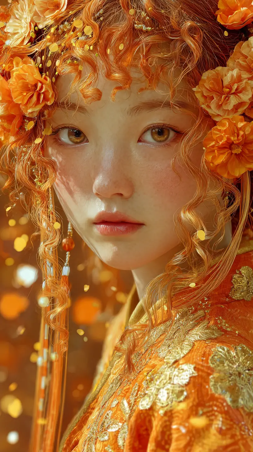 Asian girl in orange hanfu with floral details