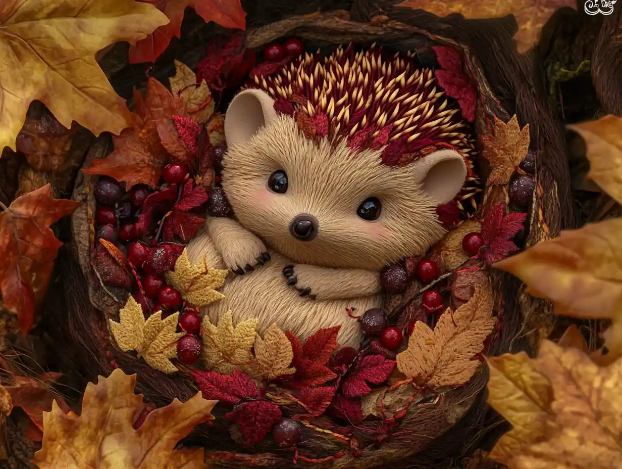 Cozy Embroidered Baby Hedgehog In Autumn Woodland Burrow