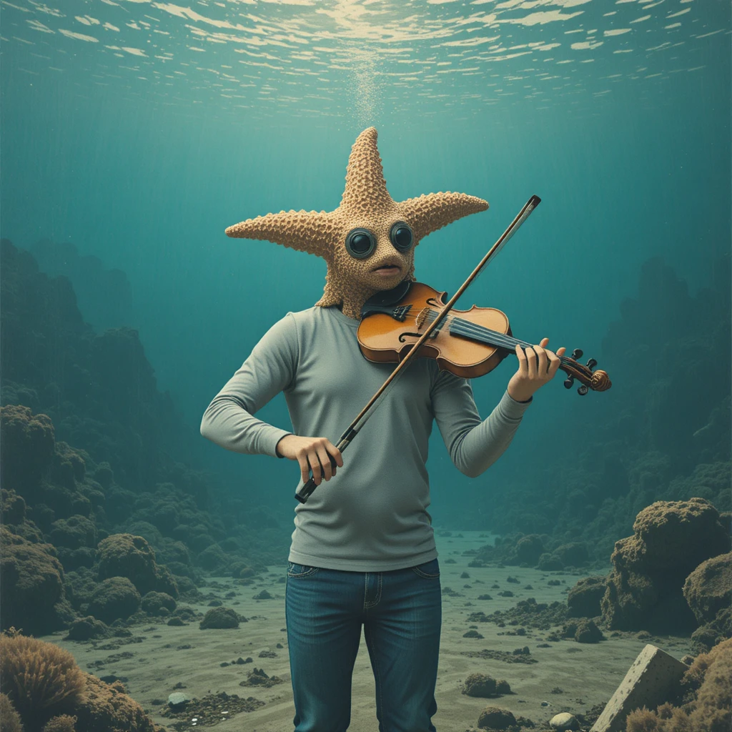 Figura surreal con cabeza de estrella de mar tocando el violín bajo el agua