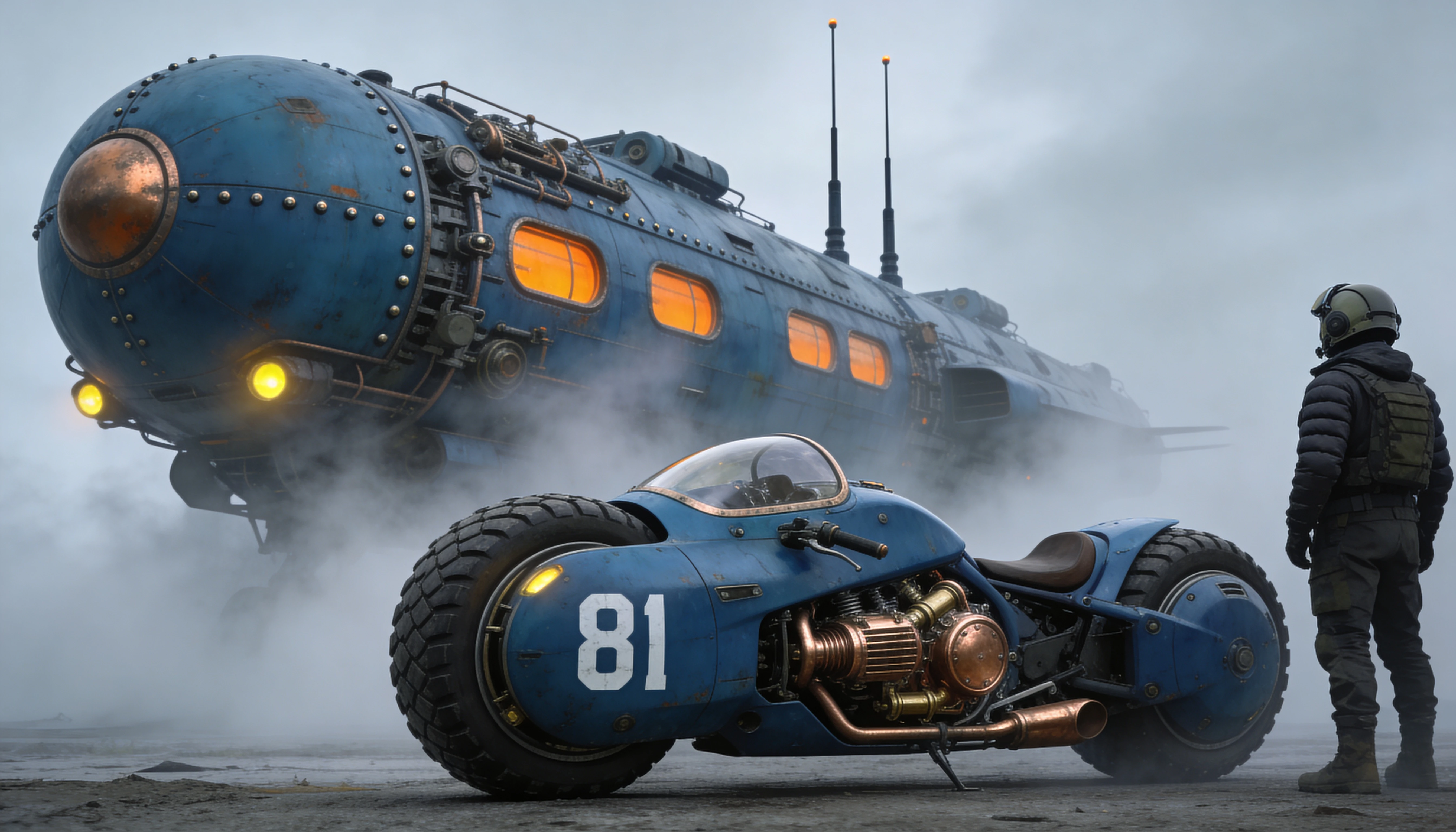 Massive blue spaceship above futuristic motorcycle in fog