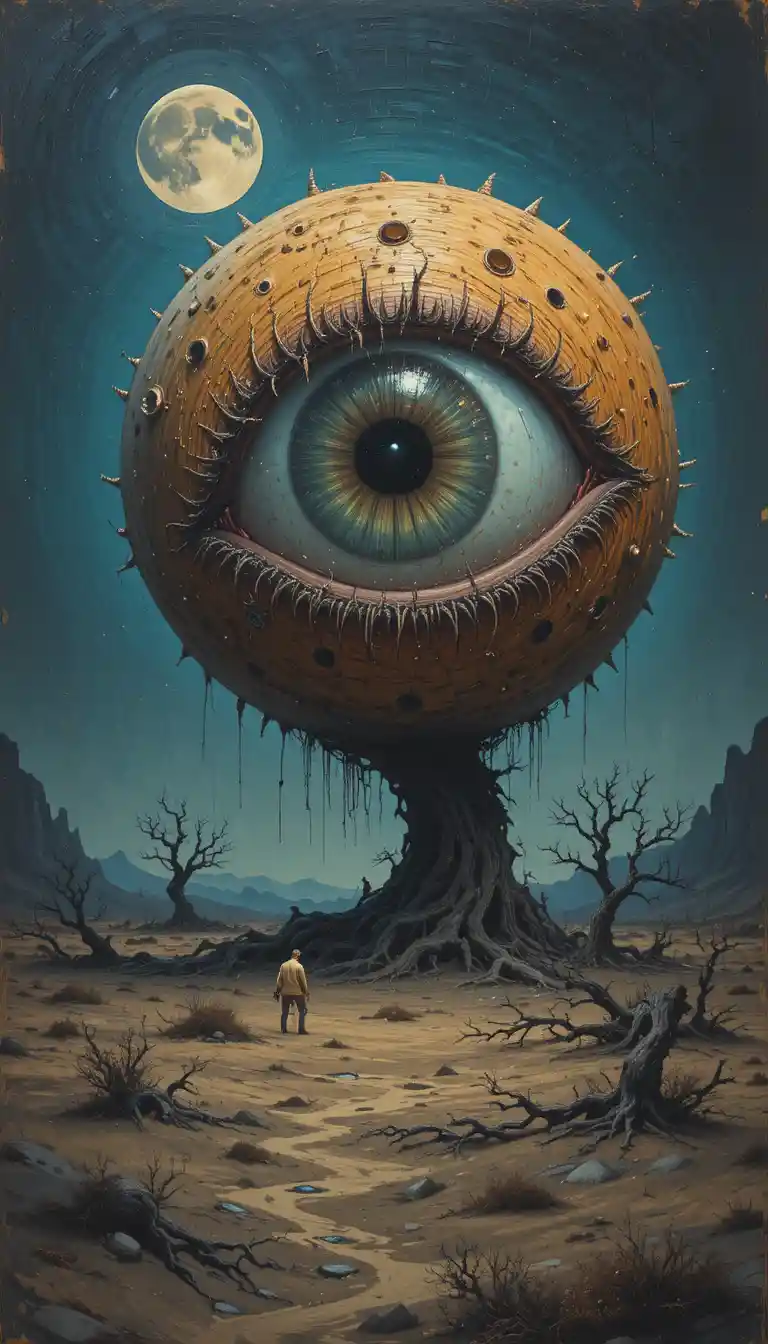 Surreal giant eyeball above a barren moonlit landscape