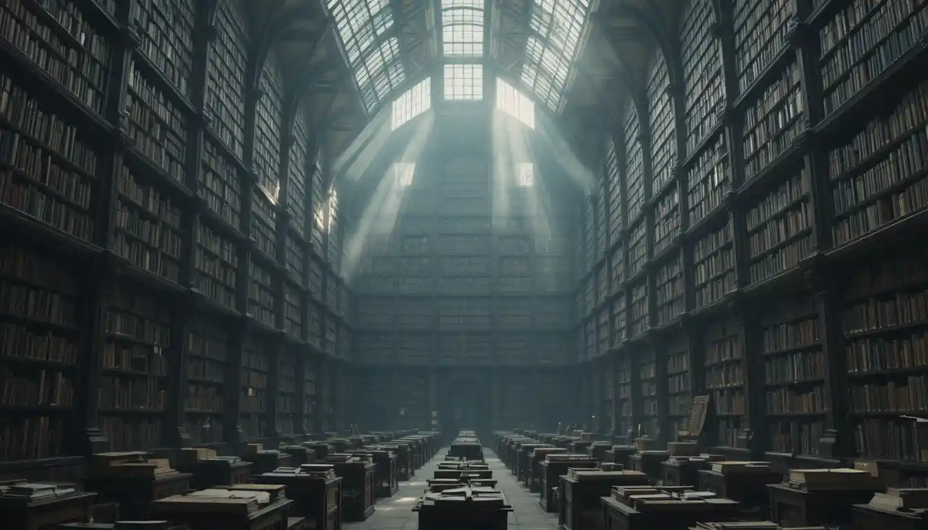Vasto interior de biblioteca antigua con estanterías repetidas y luz