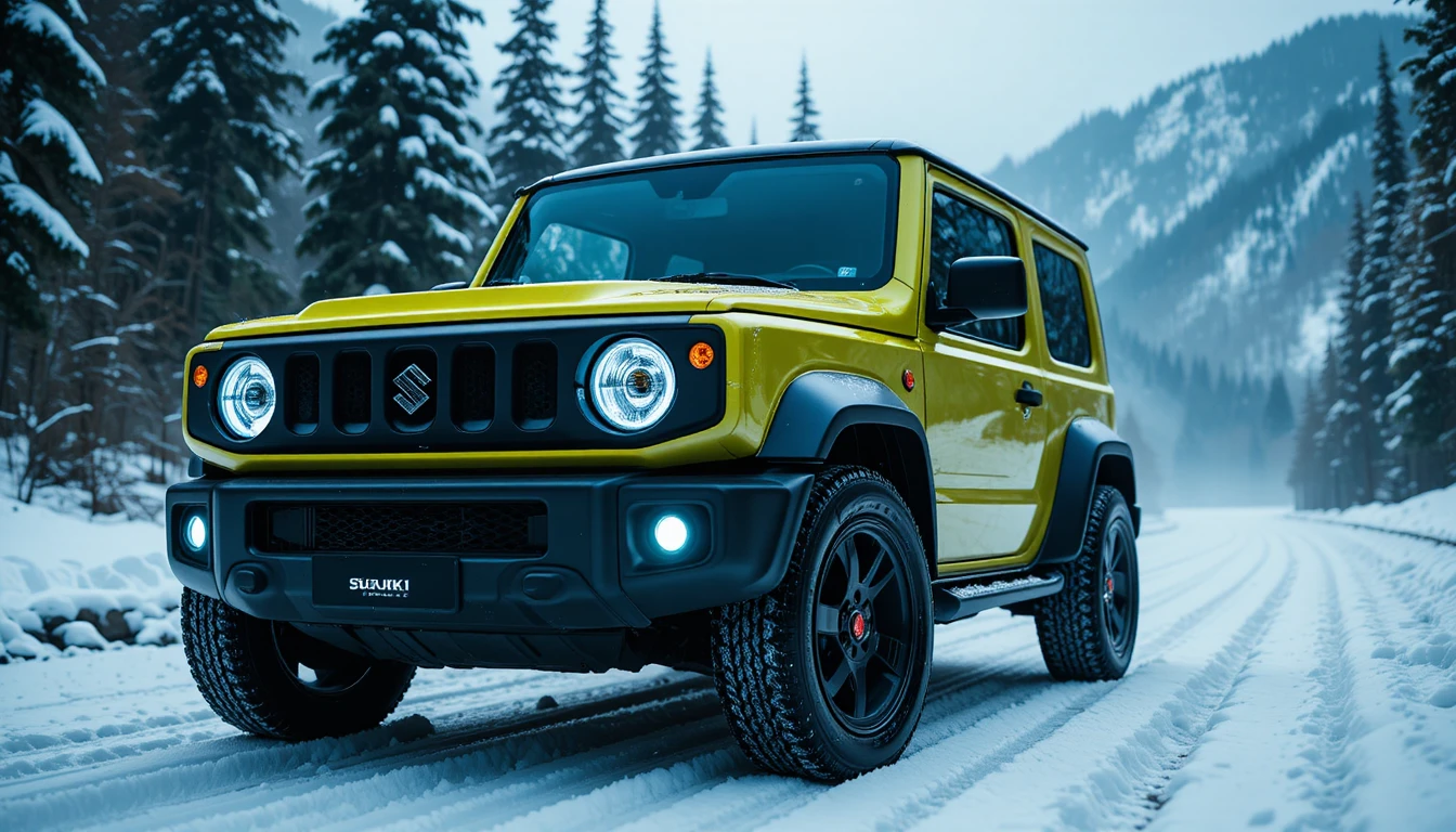 SUV verde limón en carretera nevada de bosque montañoso