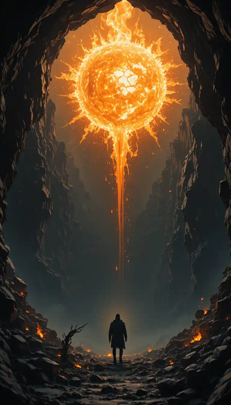 Man watching a fiery glowing orb inside rocky cave